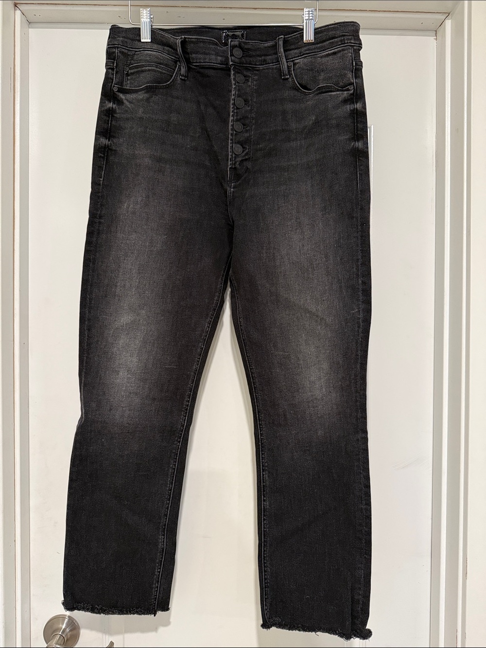 MOTHER Straight-Leg Black Washed Jeans with Button-Fly
